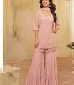 Baby pink georgette full stitched sharara suits free size upto 42