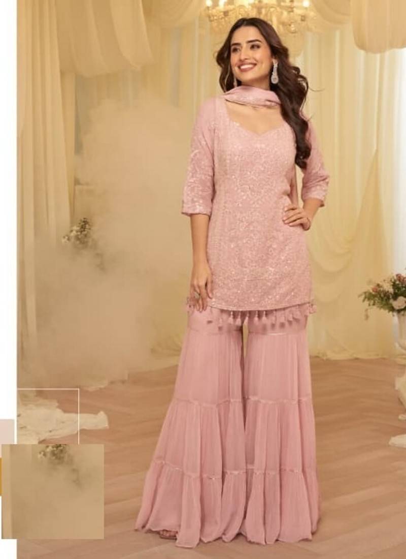 Baby pink georgette full stitched sharara suits free size upto 42