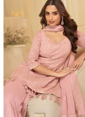 Baby pink georgette full stitched sharara suits free size upto 42 2