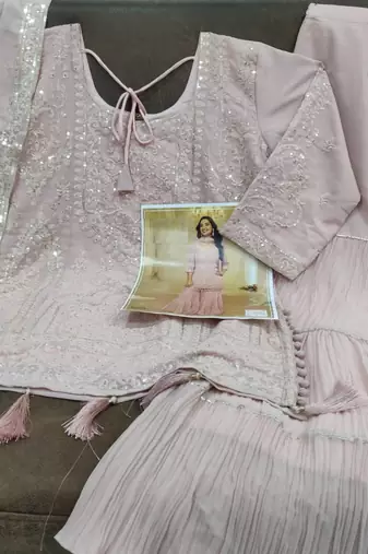 Baby pink georgette full stitched sharara suits free size upto 42