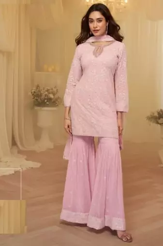 Baby pink georgette full stitched sharara suits free size upto 42