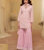 Baby pink georgette full stitched sharara suits free size upto 42