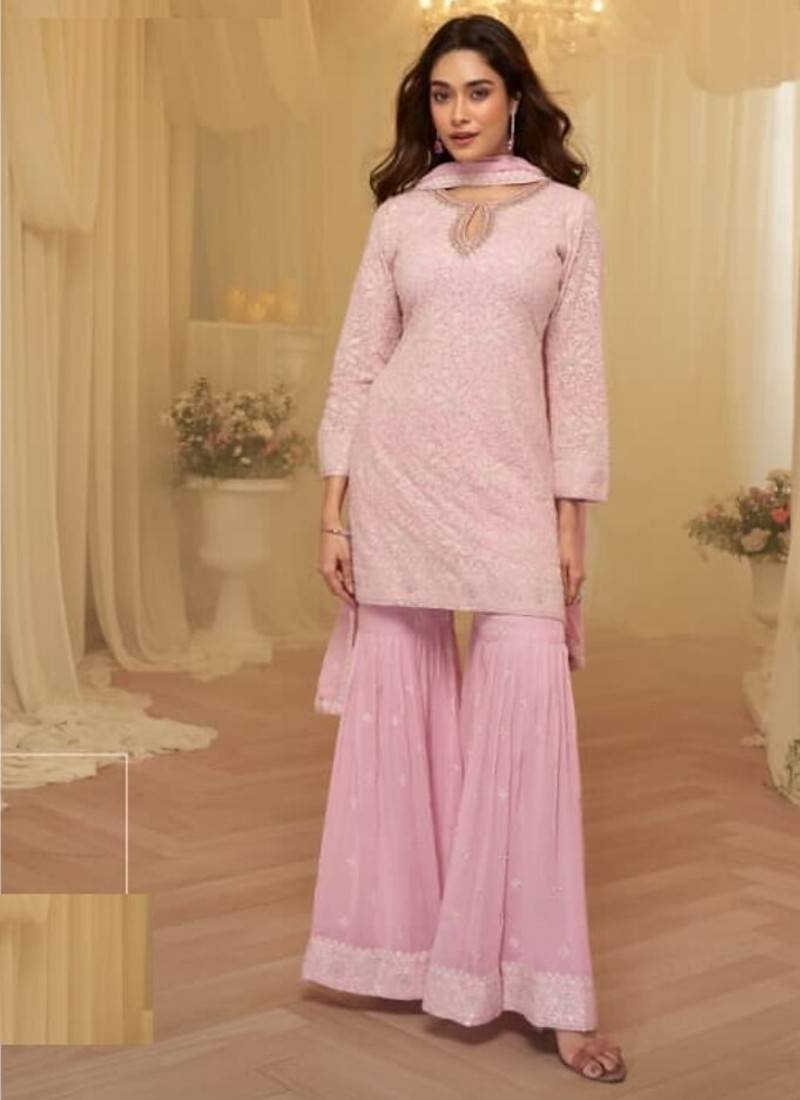 Baby pink georgette full stitched sharara suits free size upto 42