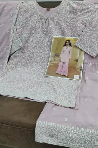 Baby pink georgette full stitched sharara suits free size upto 42