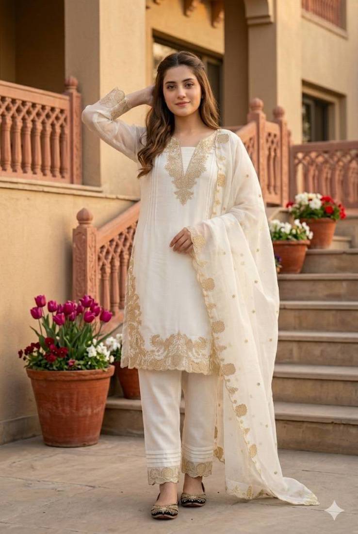 White Color Embroidery Work Fuax Georgete Salwar Suit