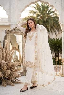 White Color Embroidery Work Fuax Georgete Salwar Suit 2