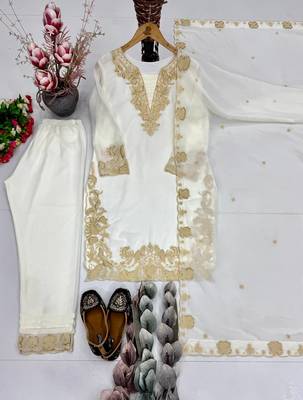 White Color Embroidery Work Fuax Georgete Salwar Suit 3