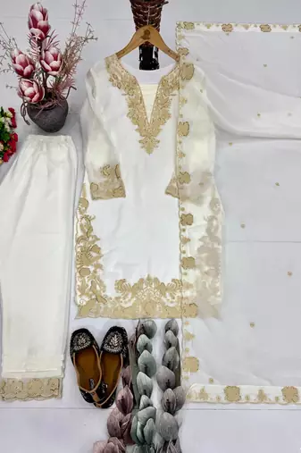White Color Embroidery Work Fuax Georgete Salwar Suit
