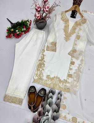 White Color Embroidery Work Fuax Georgete Salwar Suit 4