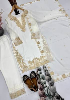 White Color Embroidery Work Fuax Georgete Salwar Suit 5