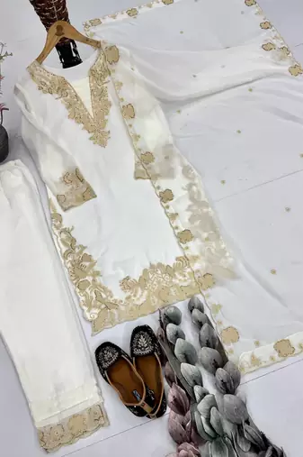 White Color Embroidery Work Fuax Georgete Salwar Suit