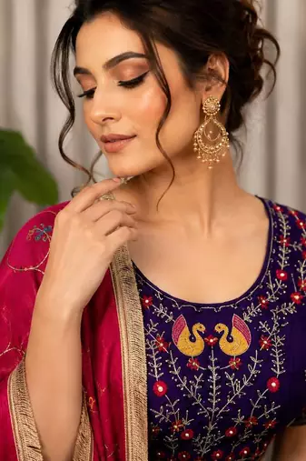 Purple Embroidery and sequins Aari mirror Silk Blend Lahenga Choli Set 