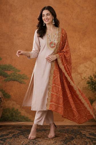 Women's Gorgeous Viscose Embroidery Straight Kurta with Pant And Dupatta Set