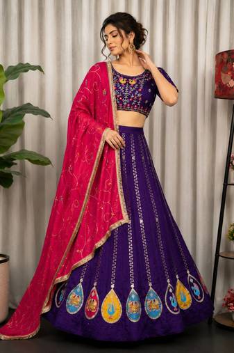 Purple Color Embroidery malti Thred work and sequins work. And Aari mirror work Silk Blend Lahenga Choli Set 