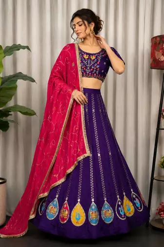 Purple Embroidery and sequins Aari mirror Silk Blend Lahenga Choli Set 