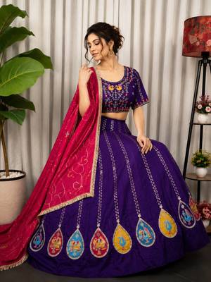 Purple Embroidery and sequins Aari mirror Silk Blend Lahenga Choli Set  3