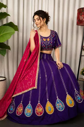Purple Embroidery and sequins Aari mirror Silk Blend Lahenga Choli Set 