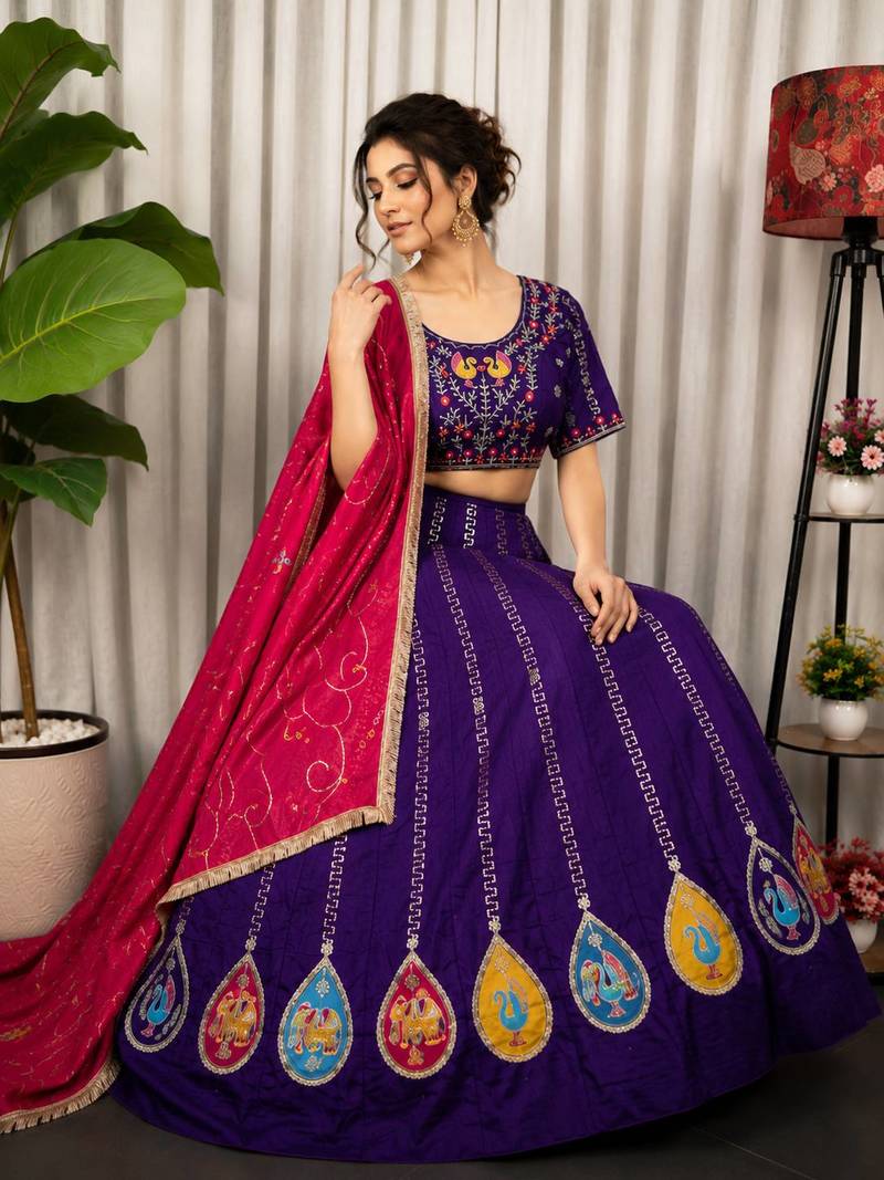 Purple Embroidery and sequins Aari mirror Silk Blend Lahenga Choli Set 