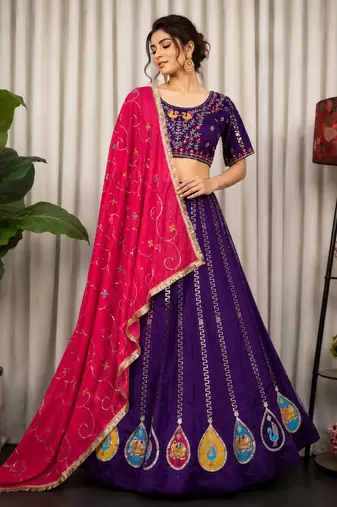 Purple Embroidery and sequins Aari mirror Silk Blend Lahenga Choli Set 