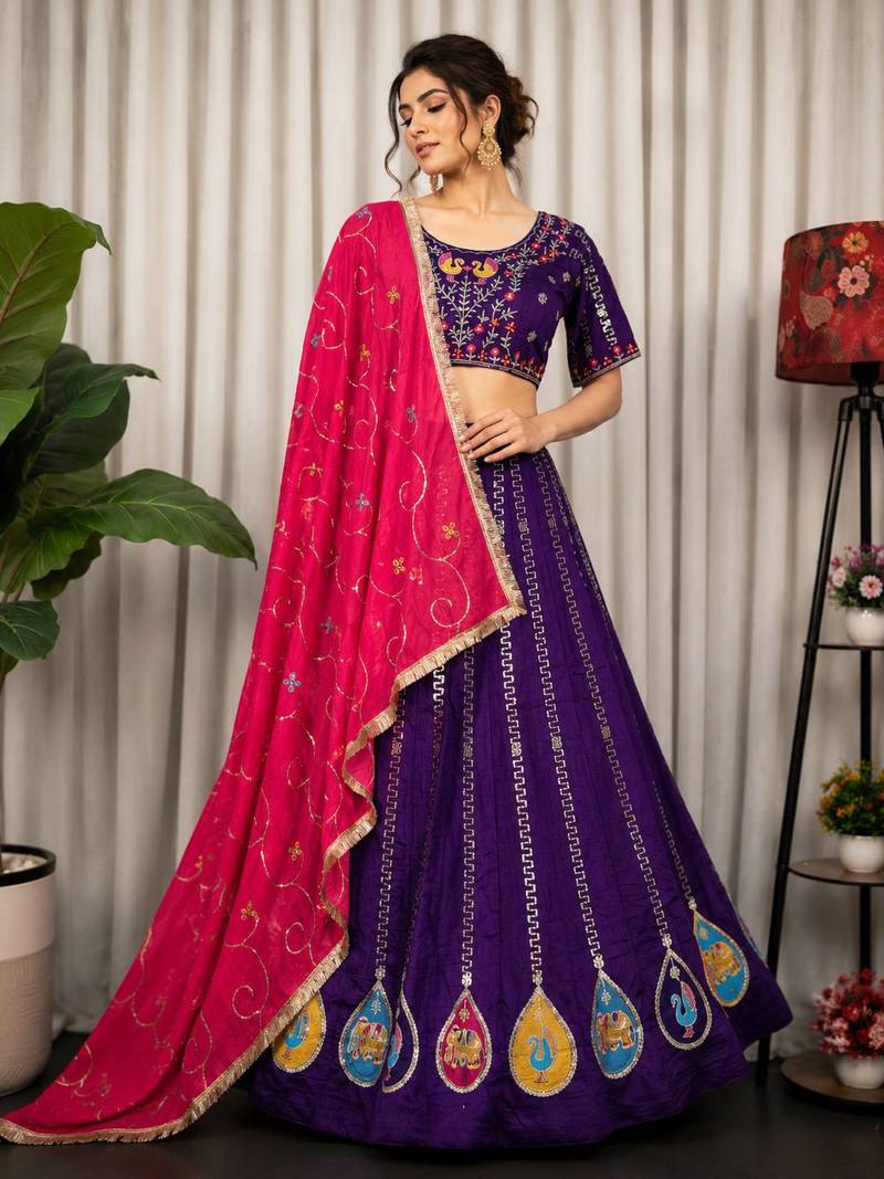 Purple Embroidery and sequins Aari mirror Silk Blend Lahenga Choli Set 