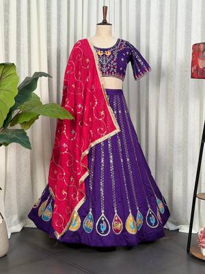 Purple Embroidery and sequins Aari mirror Silk Blend Lahenga Choli Set  5