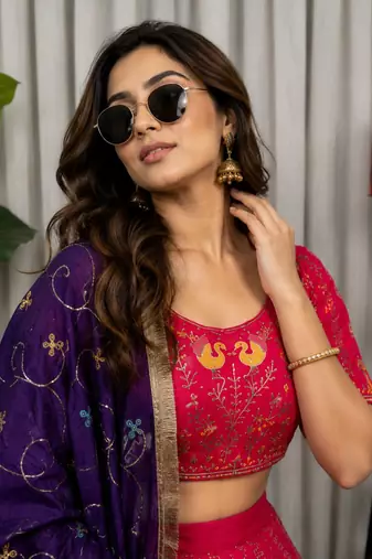 Rani Pink Embroidery and sequins Aari mirror Silk Blend Lahenga Choli Set 