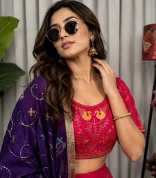 Rani Pink Embroidery and sequins Aari mirror Silk Blend Lahenga Choli Set 
