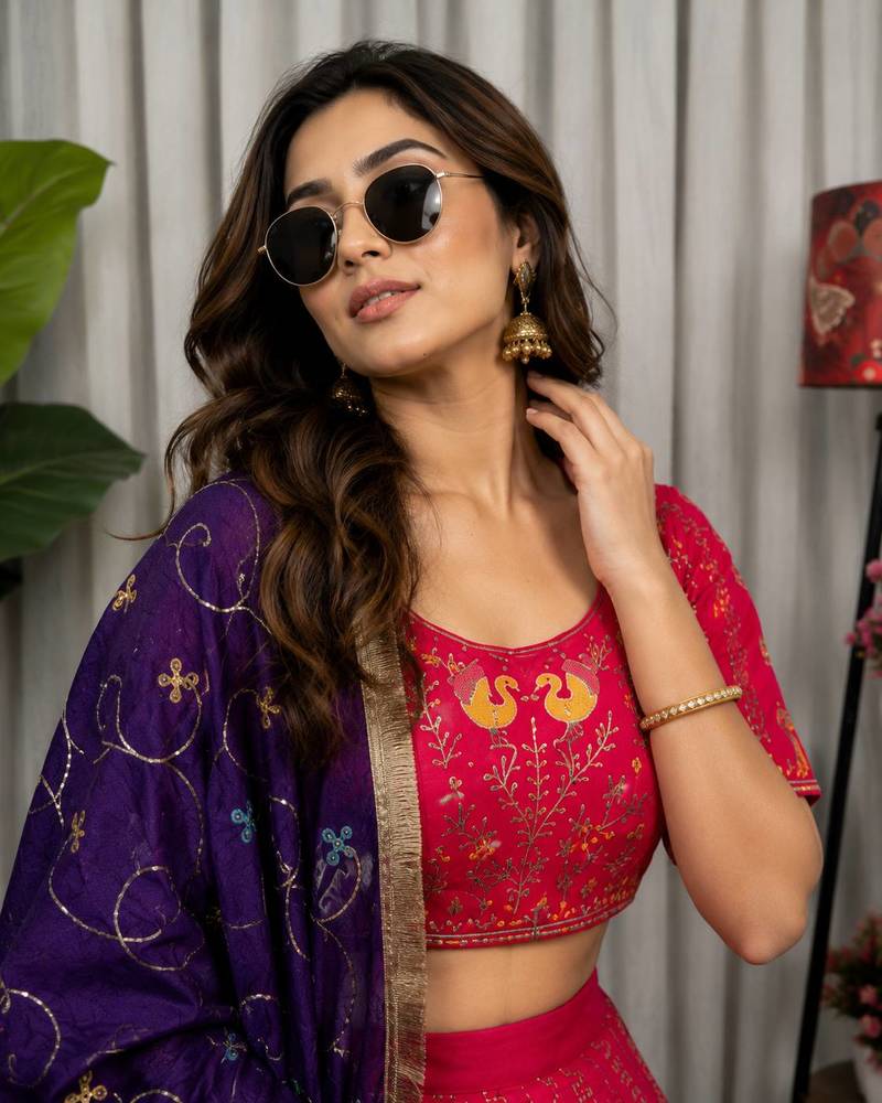 Rani Pink Embroidery and sequins Aari mirror Silk Blend Lahenga Choli Set 