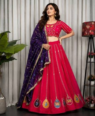 Rani Pink Embroidery and sequins Aari mirror Silk Blend Lahenga Choli Set  1