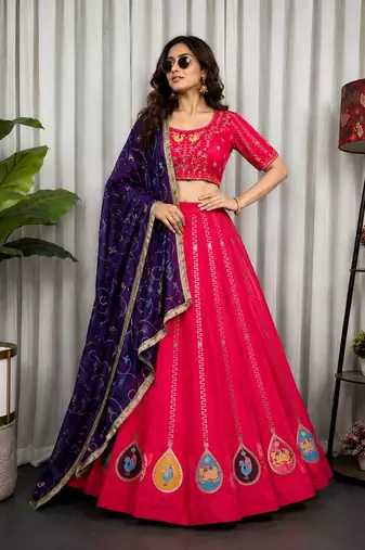Rani Pink Embroidery and sequins Aari mirror Silk Blend Lahenga Choli Set 