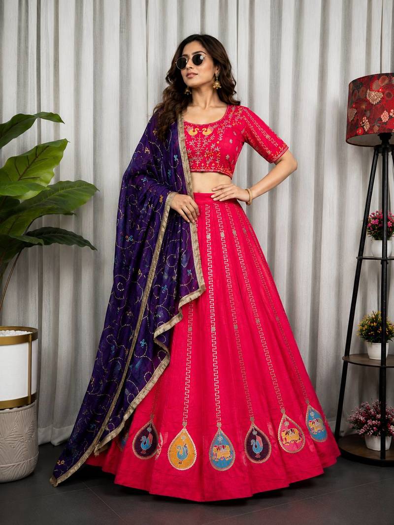 Rani Pink Embroidery and sequins Aari mirror Silk Blend Lahenga Choli Set 