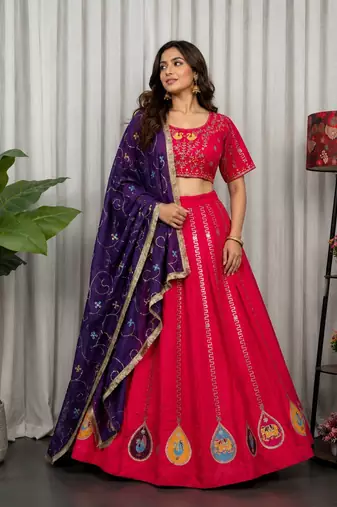 Rani Pink Embroidery and sequins Aari mirror Silk Blend Lahenga Choli Set 
