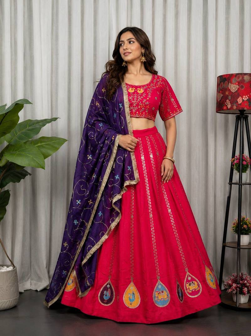 Rani Pink Embroidery and sequins Aari mirror Silk Blend Lahenga Choli Set 