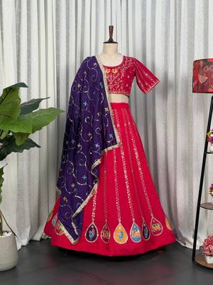 Rani Pink Embroidery and sequins Aari mirror Silk Blend Lahenga Choli Set  5