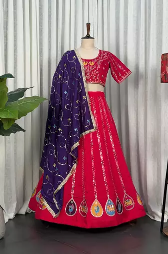 Rani Pink Embroidery and sequins Aari mirror Silk Blend Lahenga Choli Set 