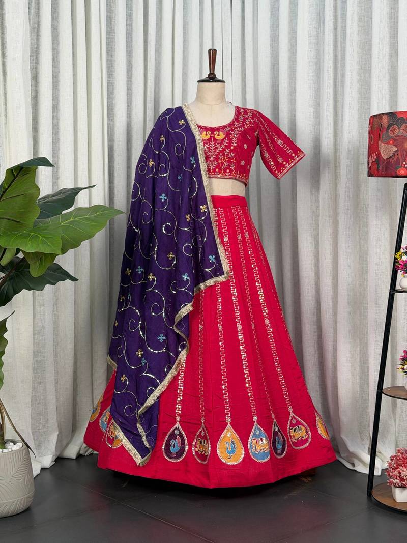 Rani Pink Embroidery and sequins Aari mirror Silk Blend Lahenga Choli Set 