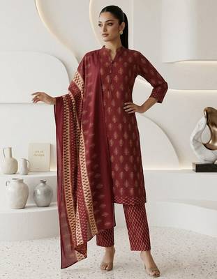 Maroon printed cotton blend stitched floral print kurta set with dupatta for women 1