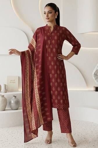 Maroon printed cotton blend stitched floral print kurta set with dupatta for women