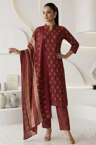 Maroon printed cotton blend stitched floral print kurta set with dupatta for women