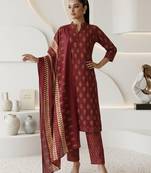 Maroon printed cotton blend stitched floral print kurta set with dupatta for women