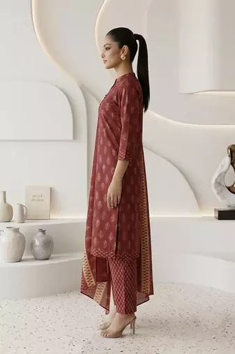 Maroon printed cotton blend stitched floral print kurta set with dupatta for women