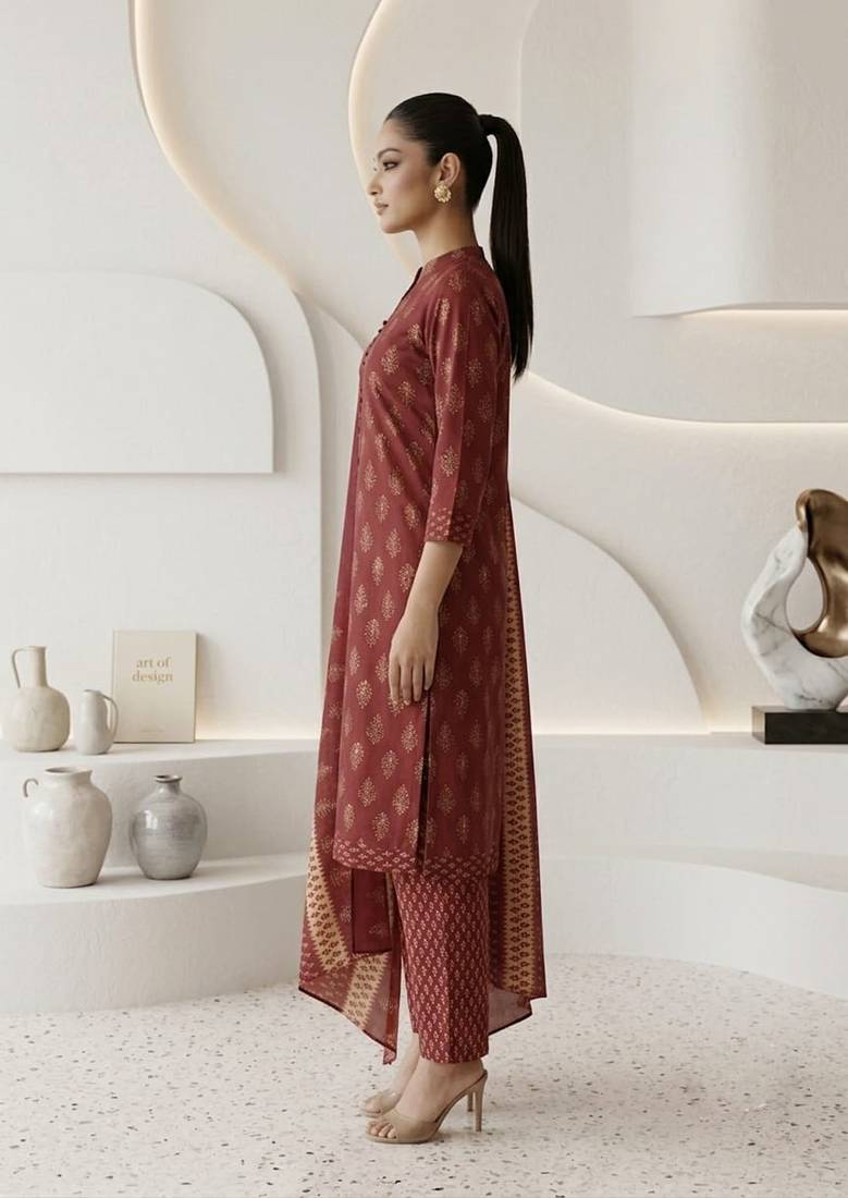 Maroon printed cotton blend stitched floral print kurta set with dupatta for women