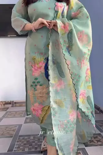 Green floral printed hand katha work linen kurta set with dupatta