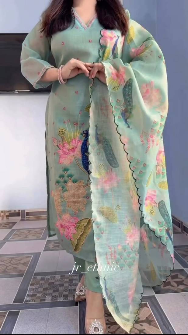 Green floral printed hand katha work linen kurta set with dupatta