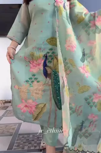 Green floral printed hand katha work linen kurta set with dupatta