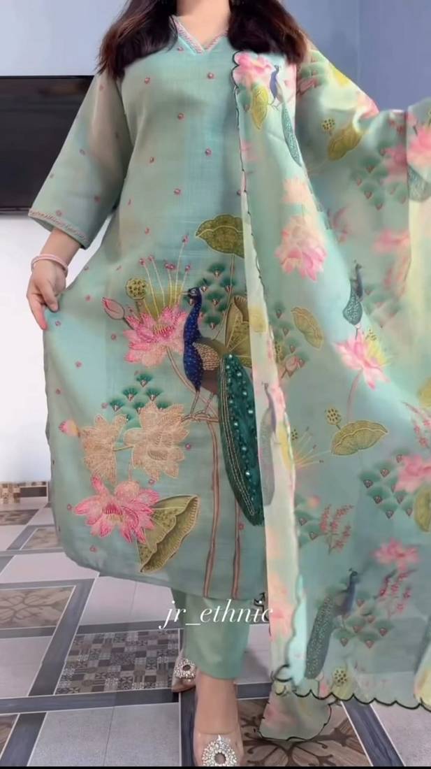 Green floral printed hand katha work linen kurta set with dupatta
