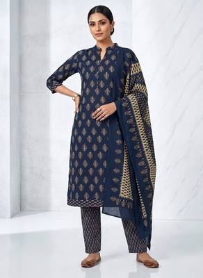 Dark blue printed cotton blend stitched floral print kurta set with dupatta for women 1