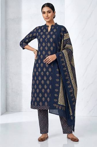 Dark blue printed cotton blend stitched floral print kurta set with dupatta for women