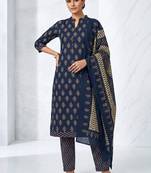 Dark blue printed cotton blend stitched floral print kurta set with dupatta for women