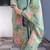 Green floral printed hand katha work linen kurta set with dupatta